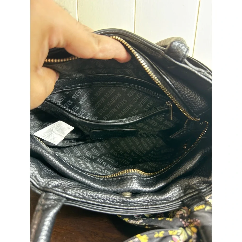 Steve Madden Satchel Handbag Women's Black Purse with Floral‎ Scarf Accent